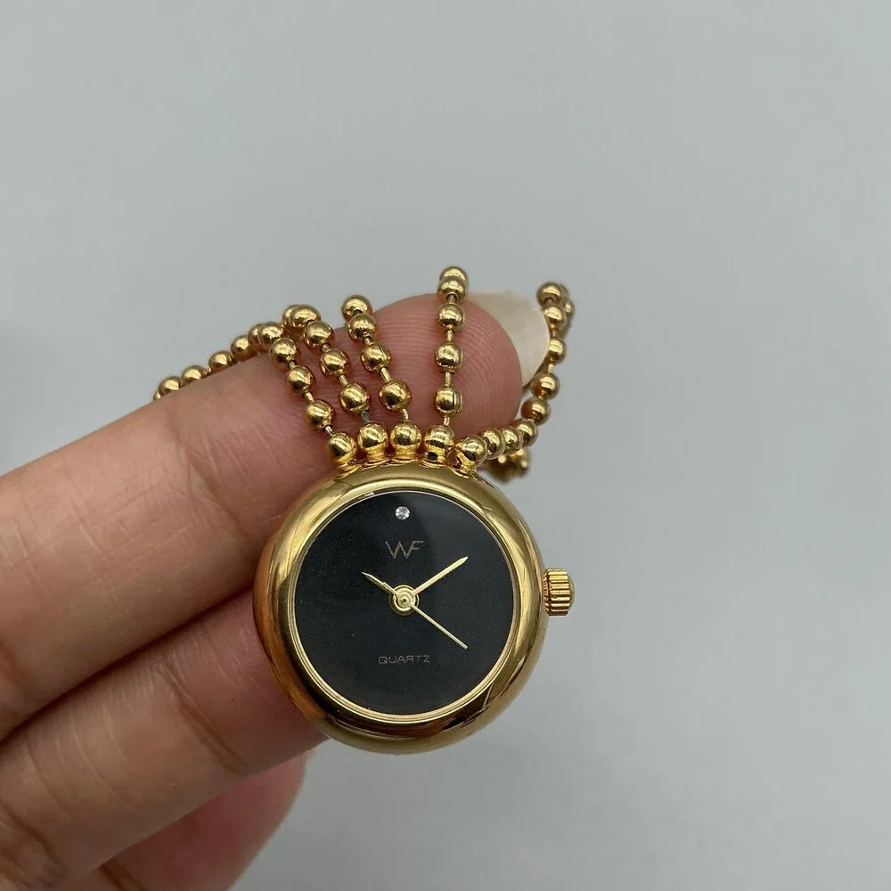 Vintage WF Womens Watch 22mm Black Dial Gold Tone Parachute Brooch New Battery